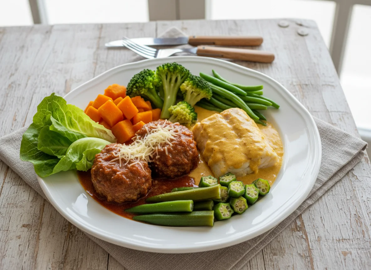 Prato variado com carne moída, peixe e vegetais photo