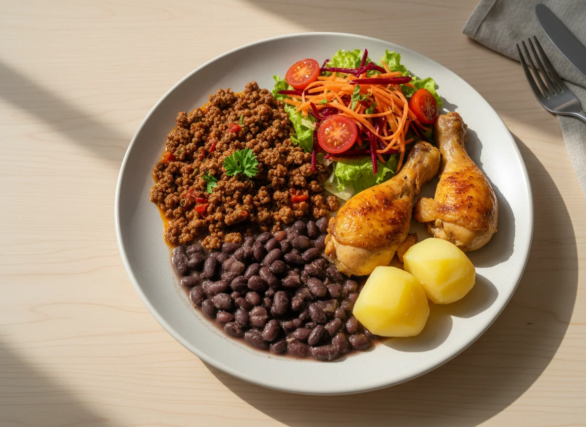 Prato variado com carne moída, salada e feijão photo