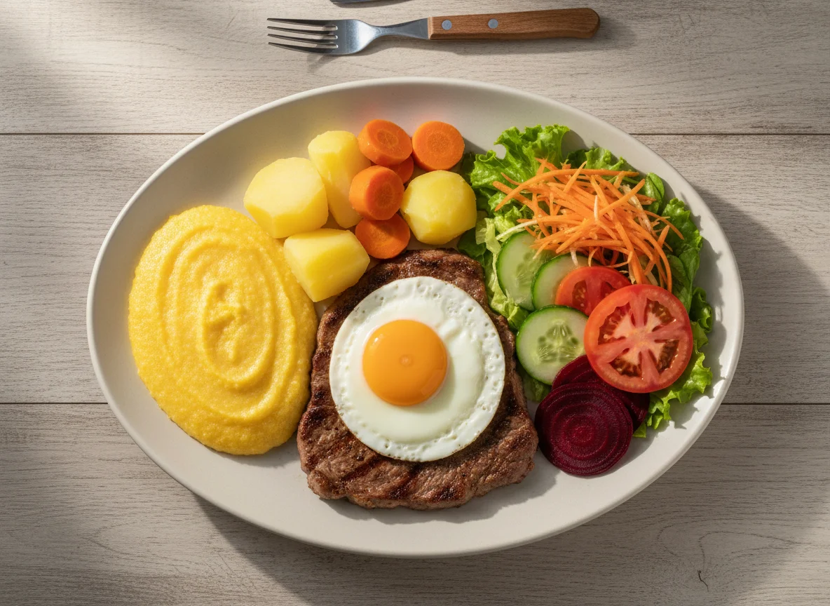 Prato variado com carne, ovo e salada photo