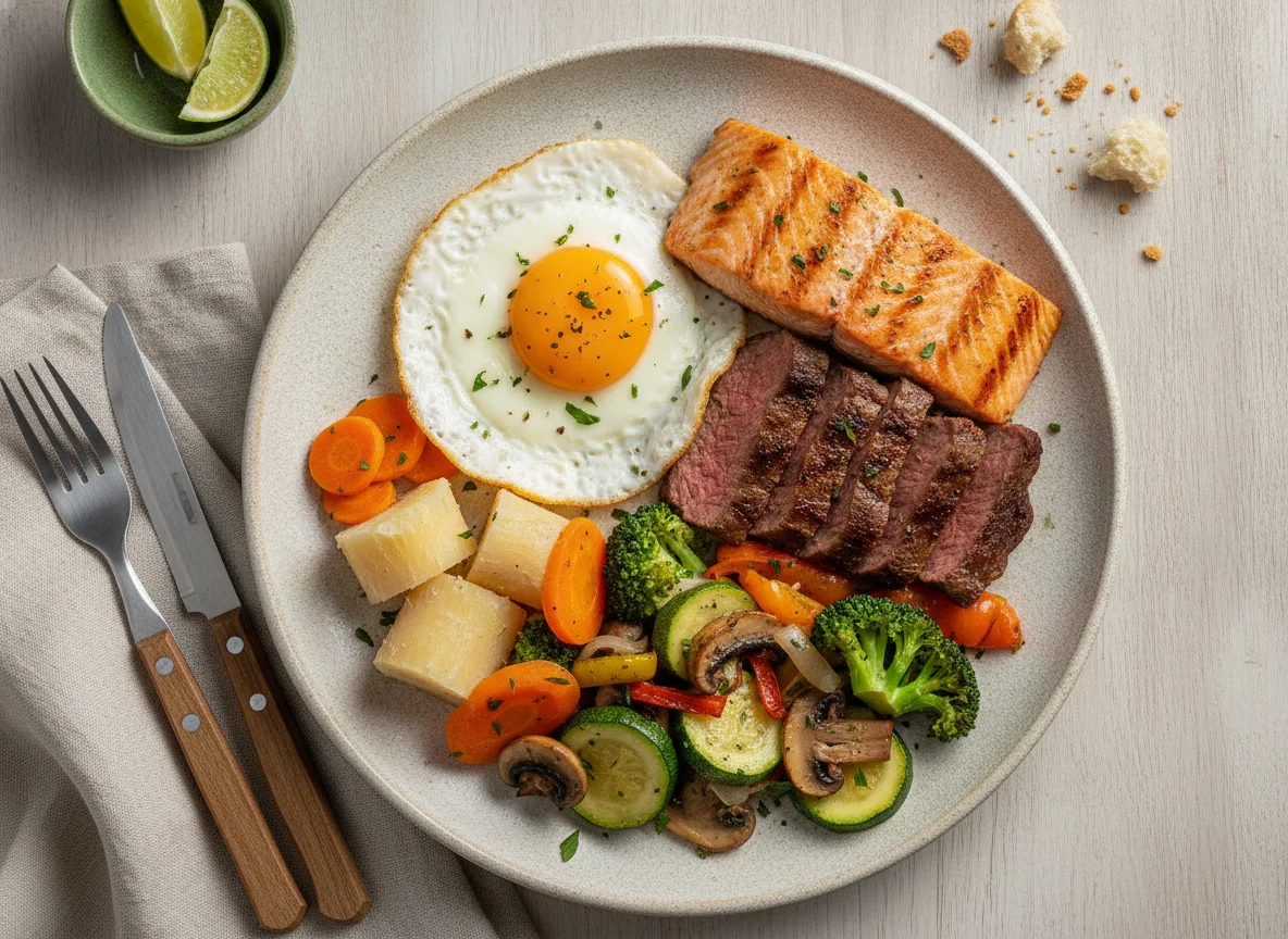 Prato variado com carne, ovo, peixe e vegetais photo