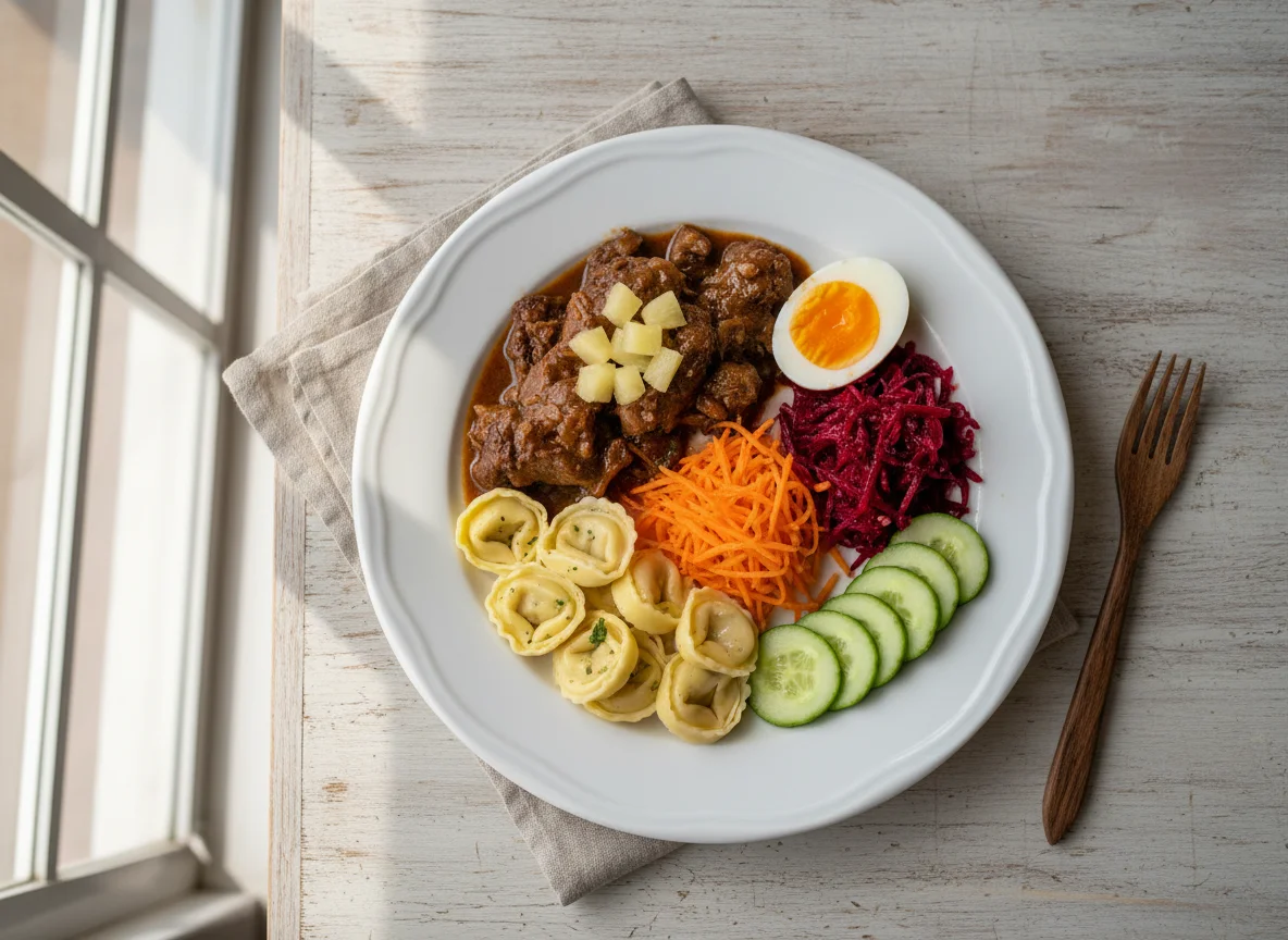 Prato variado com carne, ovos e salada photo