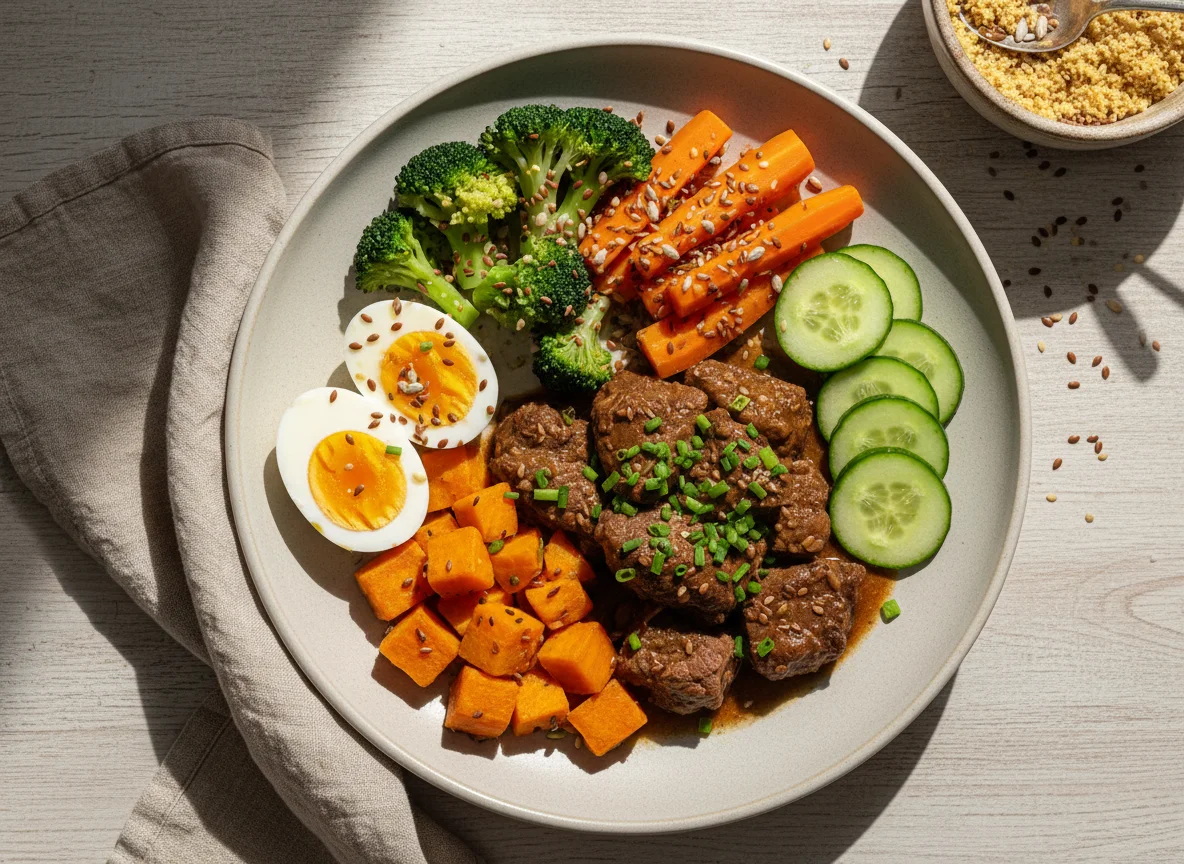 Prato variado com carne, ovos e vegetais photo