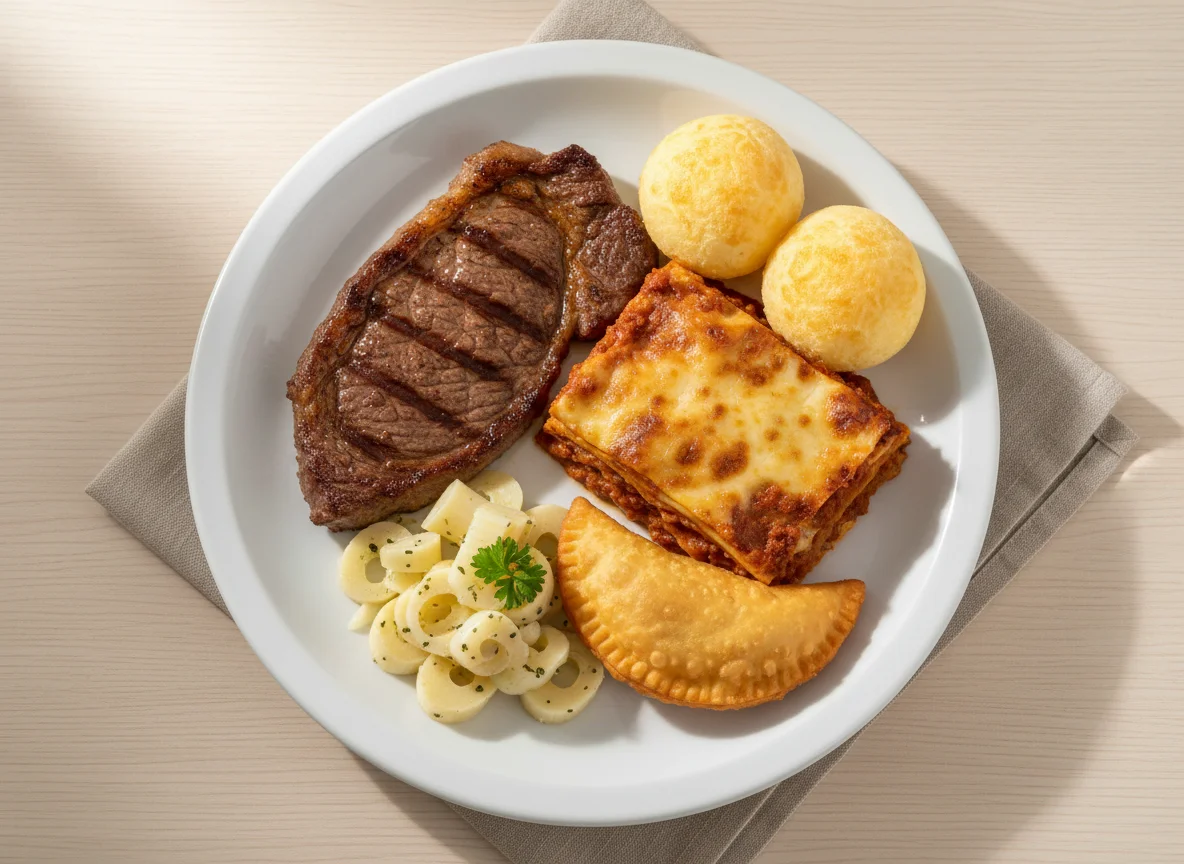 Prato variado com carne, pastel, lasanha e palmito photo