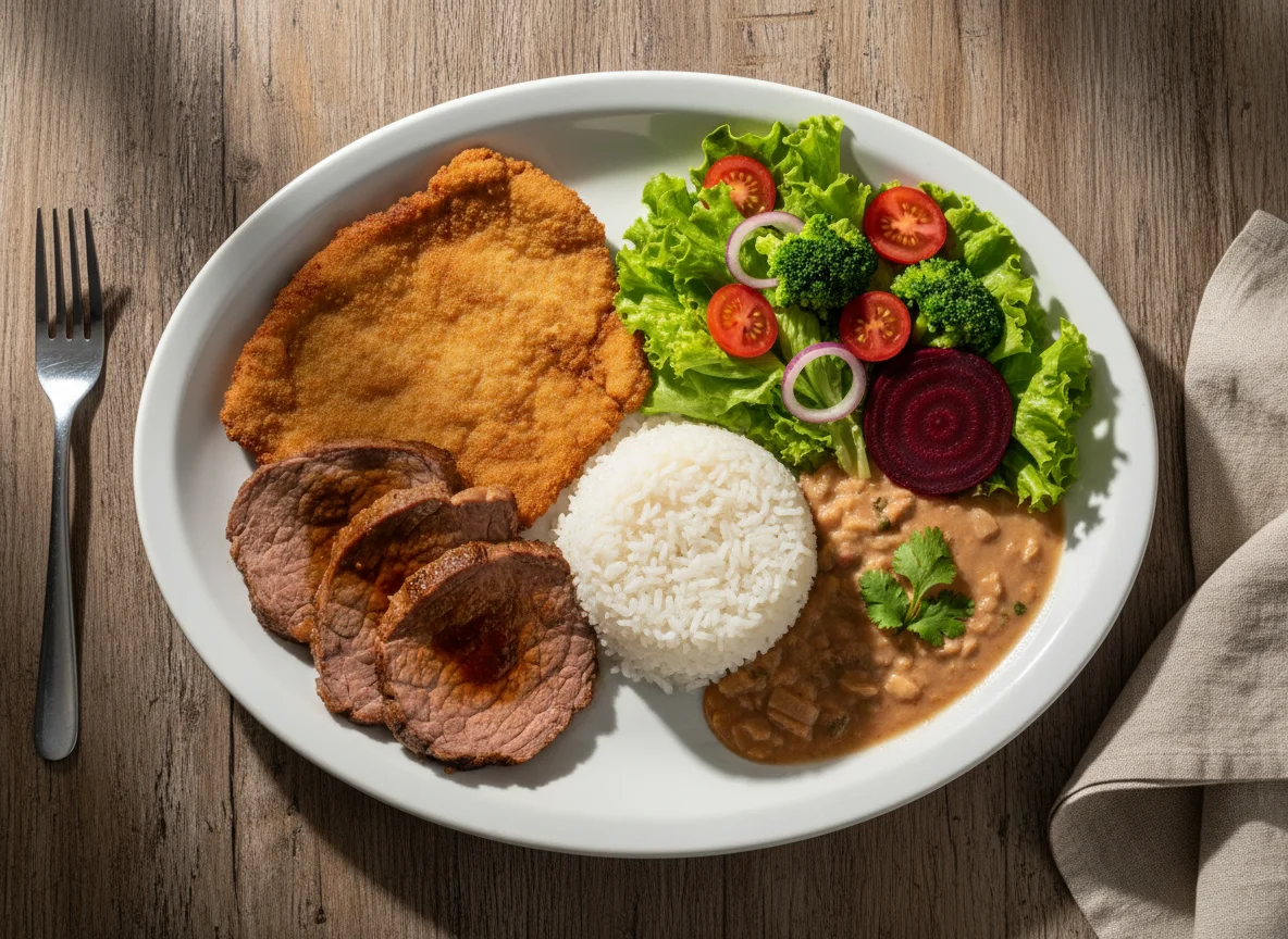 Prato variado com carne, peixe, arroz e feijão photo