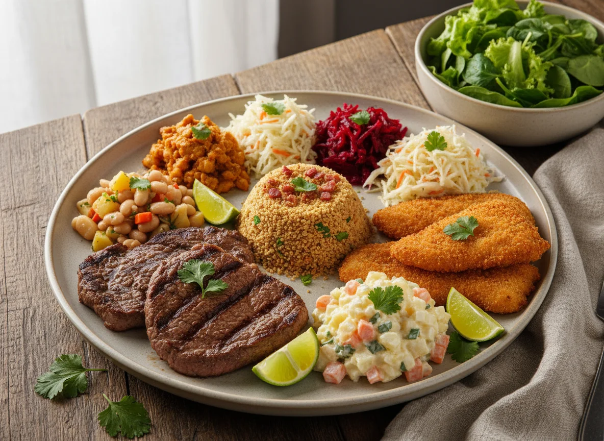 Prato variado com carne, peixe e acompanhamentos photo