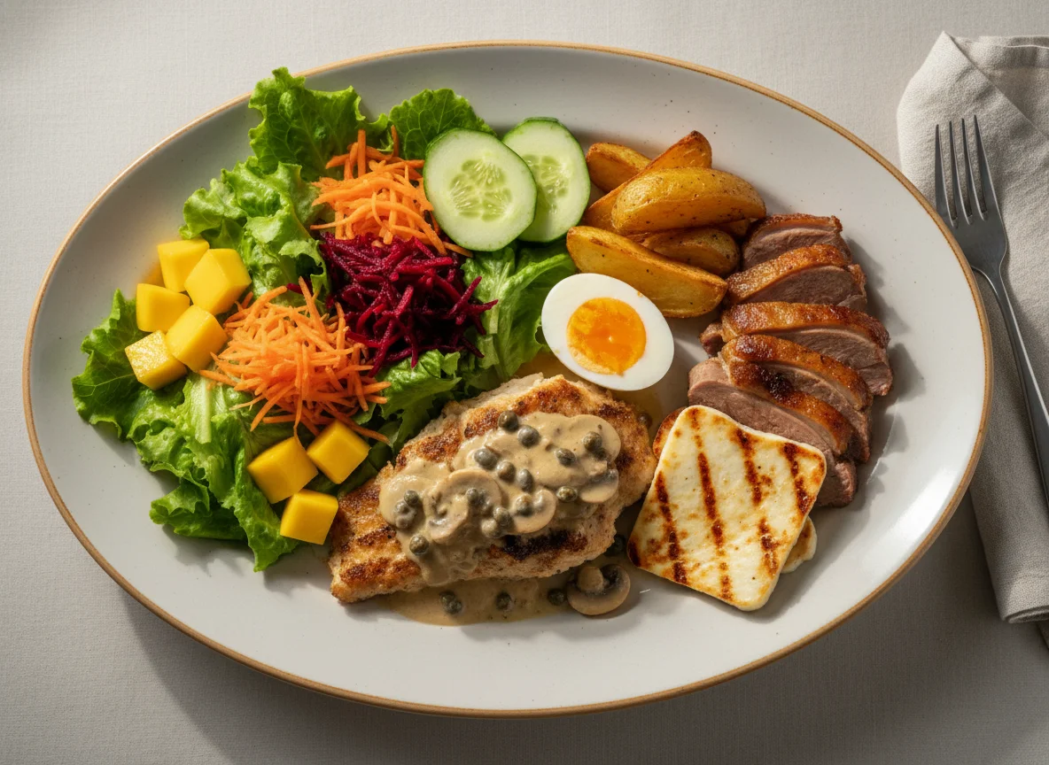 Prato variado com carne, peixe e salada photo