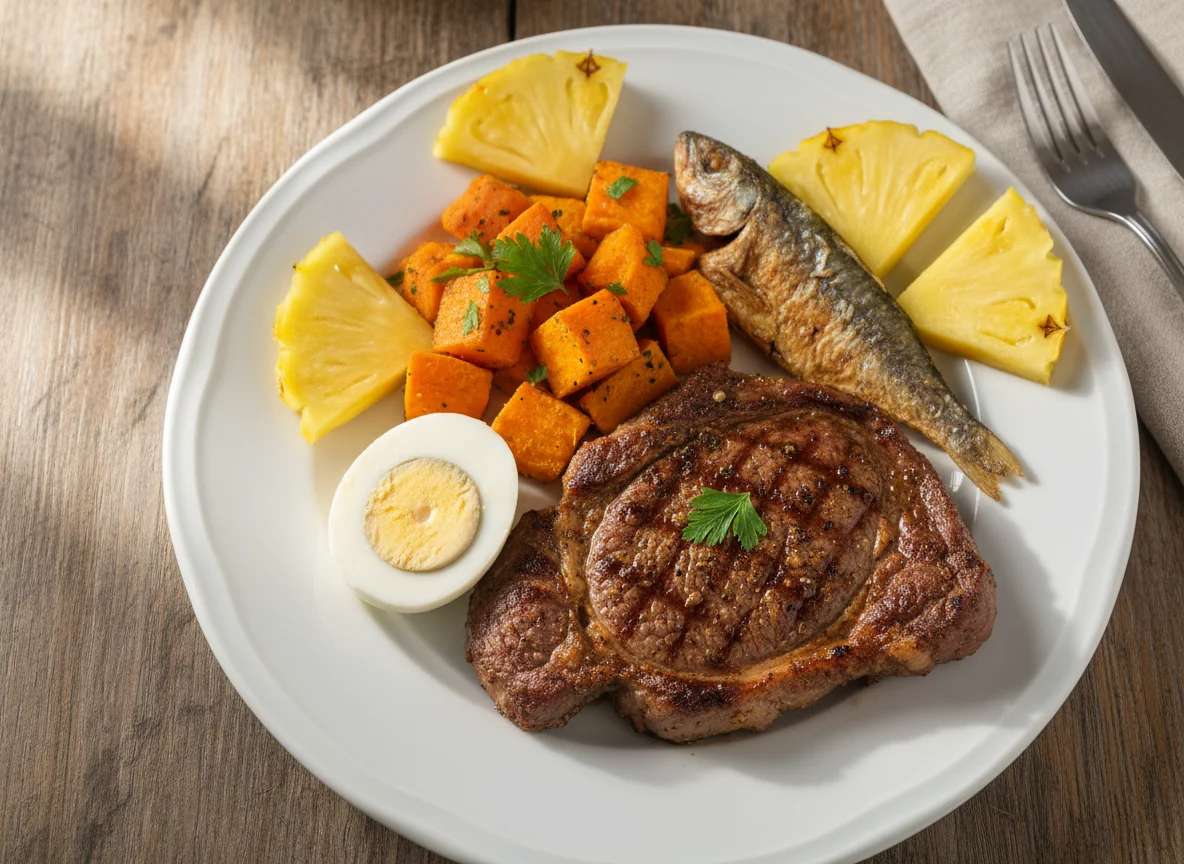 Prato variado com carne, peixe, ovo, batata doce e abacaxi photo