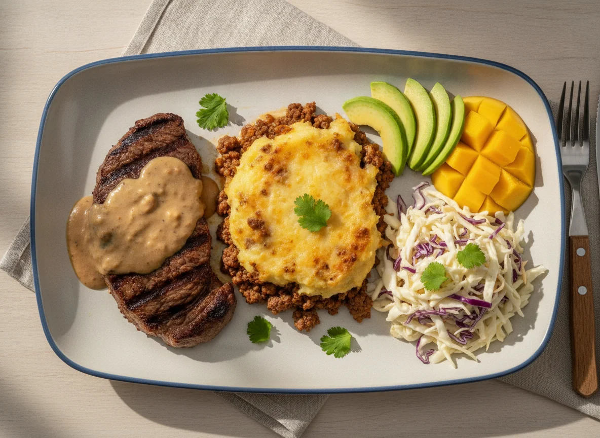 Prato variado com carne, purê, abacate e salada photo