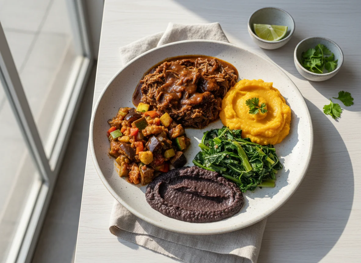 Prato variado com carne, purê e legumes photo