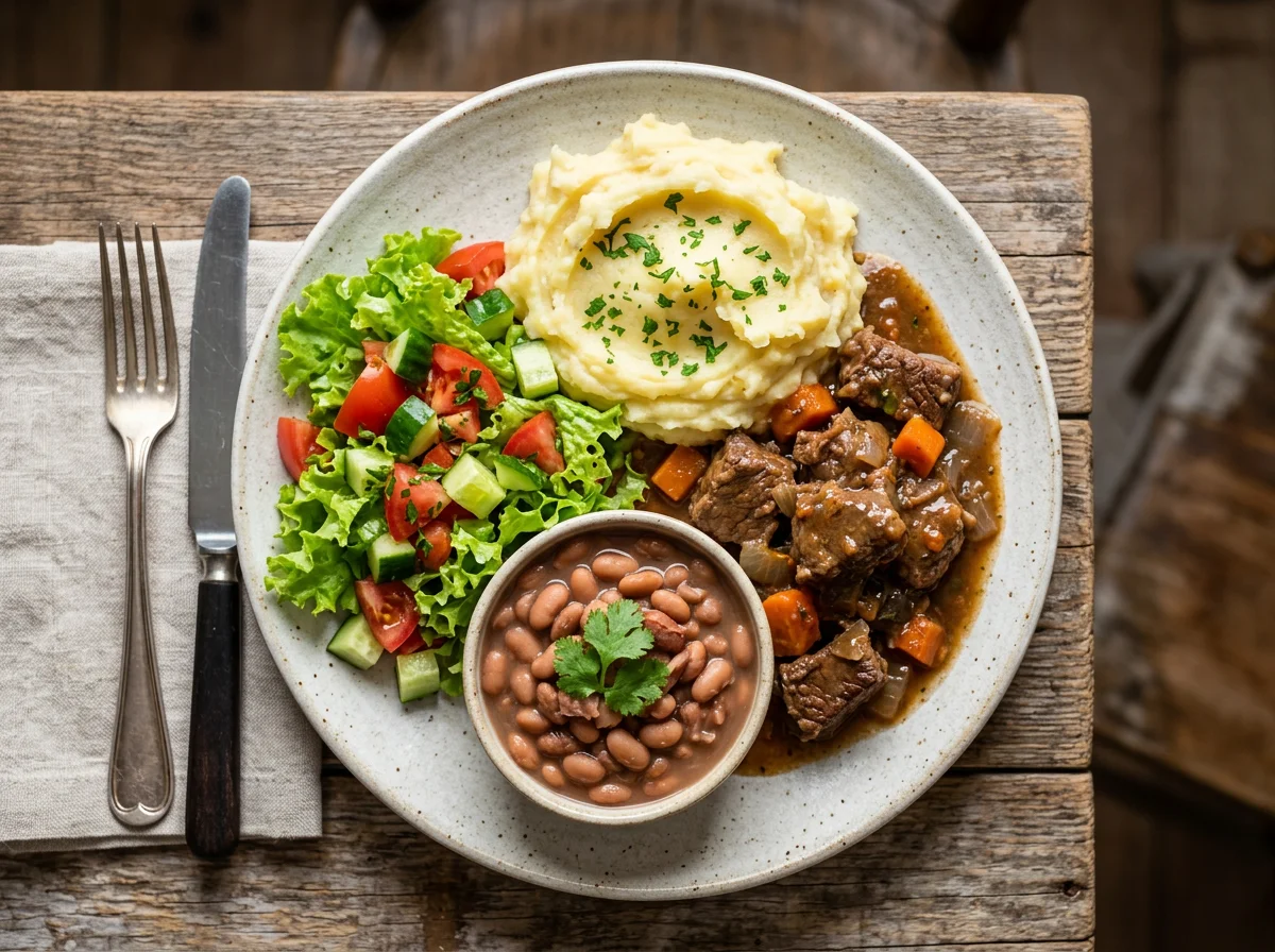 Prato variado com carne, purê, feijão e salada photo