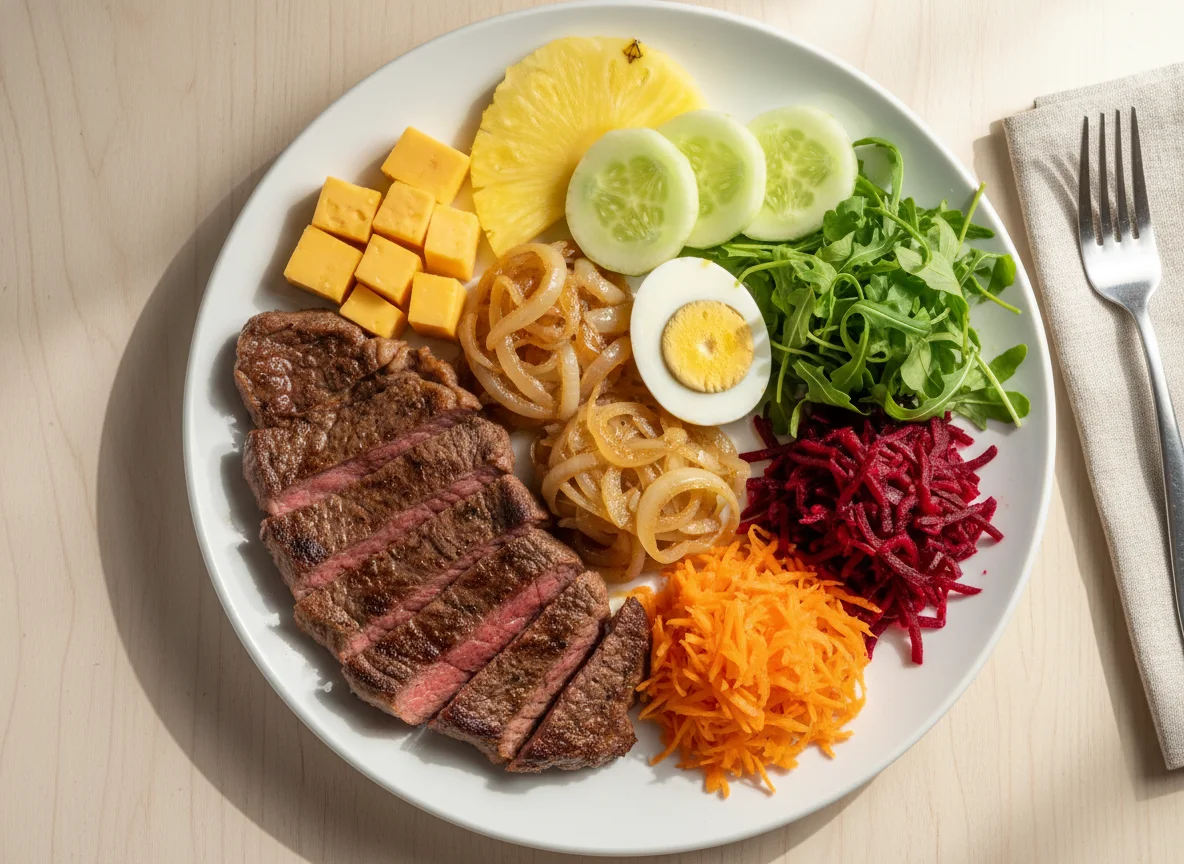 Prato variado com carne, queijo e salada photo