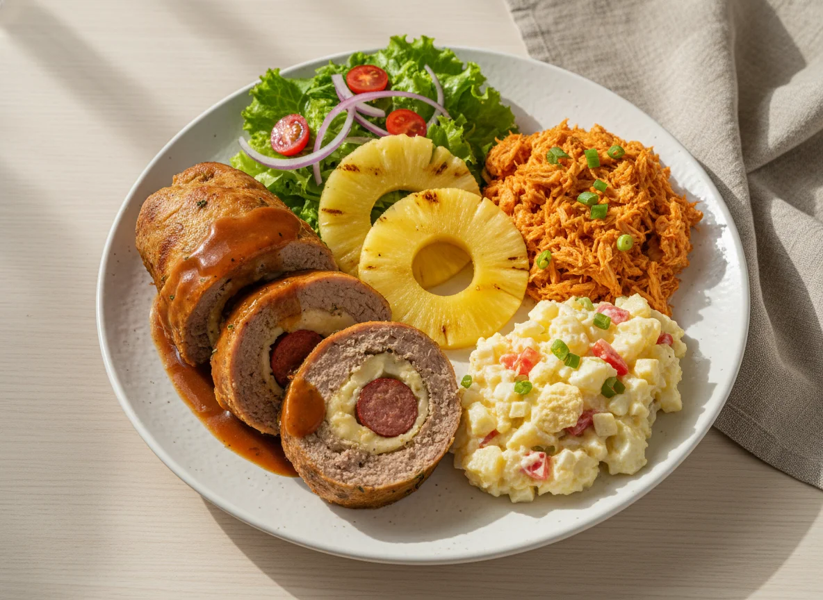 Prato variado com carne recheada, frango, abacaxi e salada photo