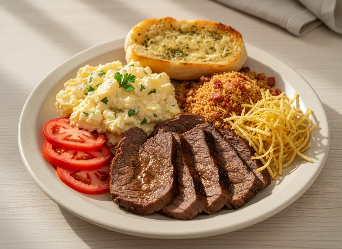 Prato variado com carne, salada e acompanhamentos photo