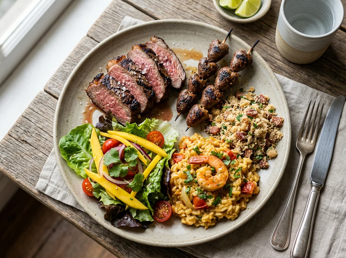 Prato variado com carne, salada e arroz de camarão photo