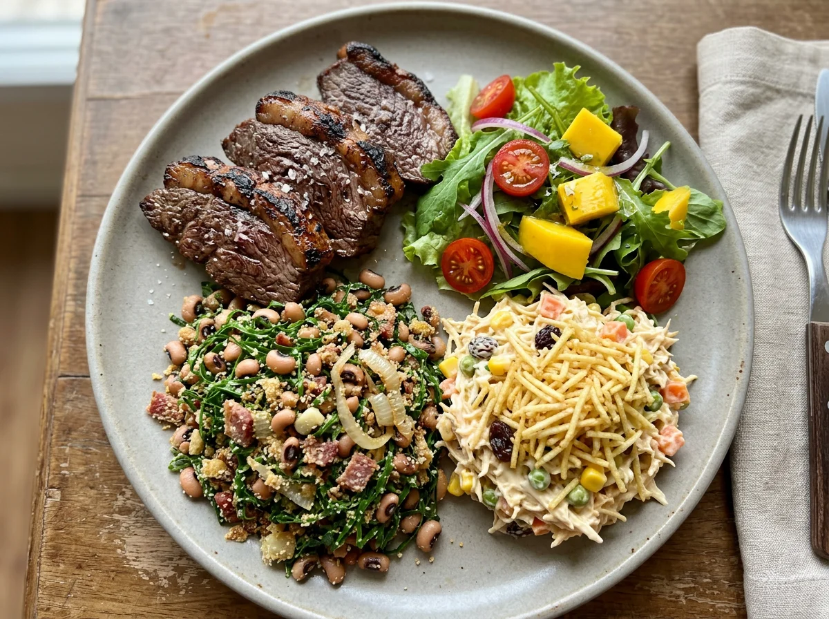 Prato variado com carne, salada e farofa photo