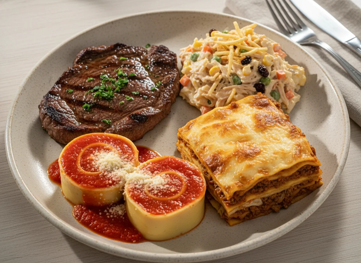Prato variado com carne, salada e massa photo