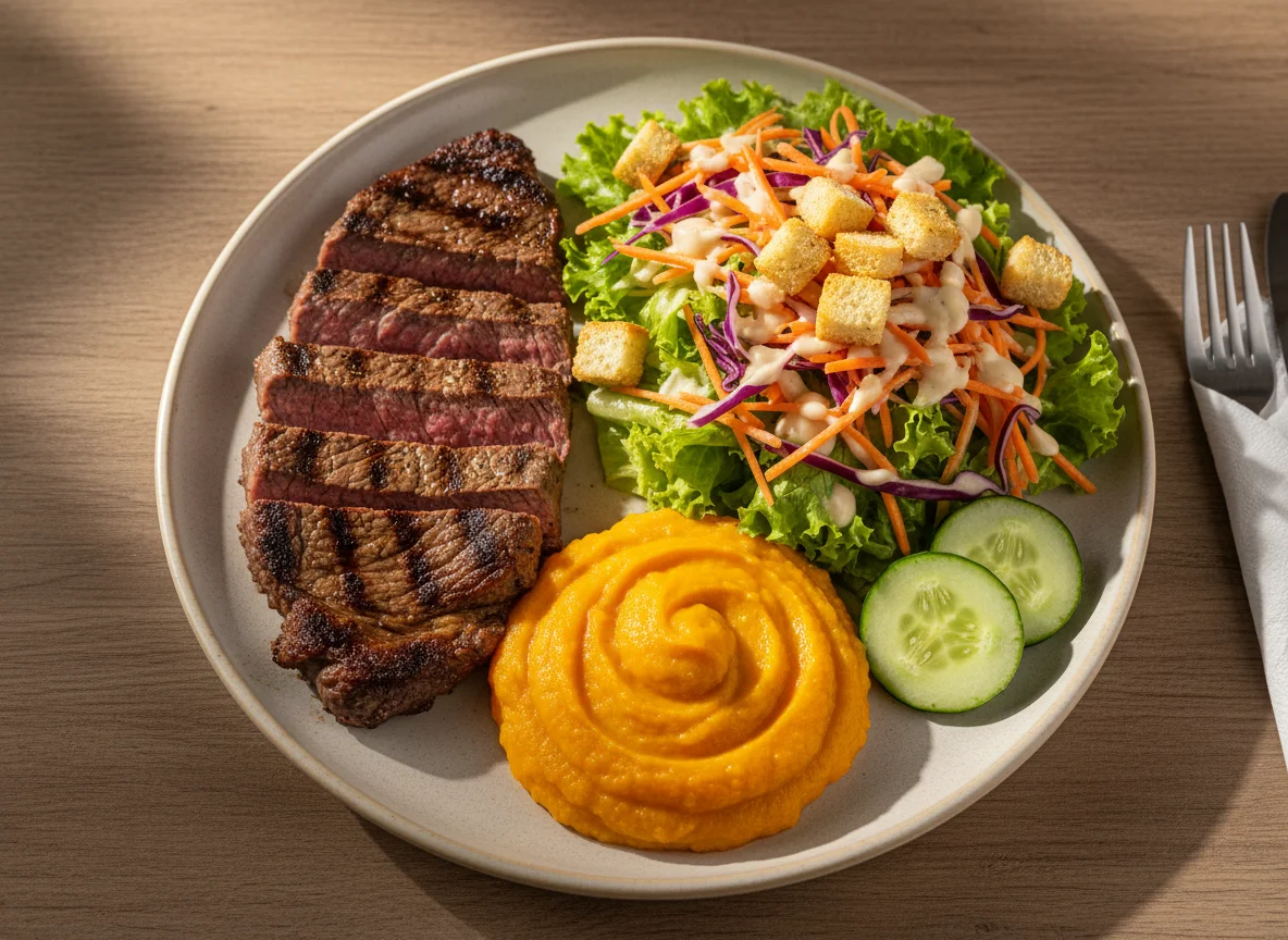 Prato variado com carne, salada e purê de abóbora photo