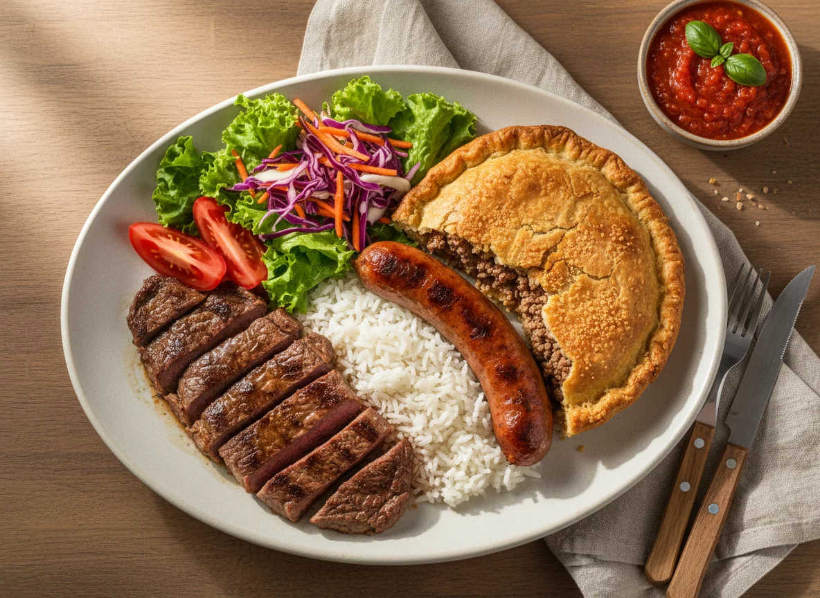 Prato variado com carne, salada e torta photo