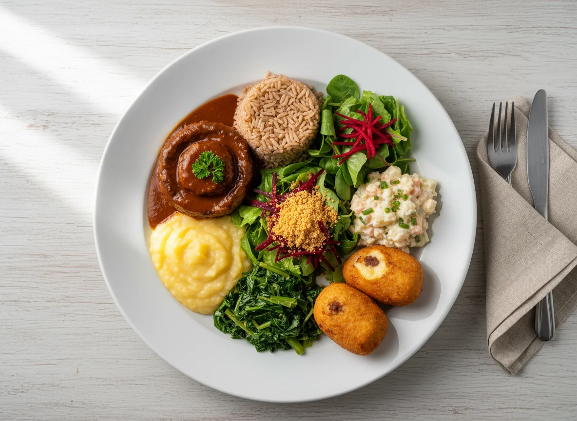 Prato variado com carne, saladas e acompanhamentos photo