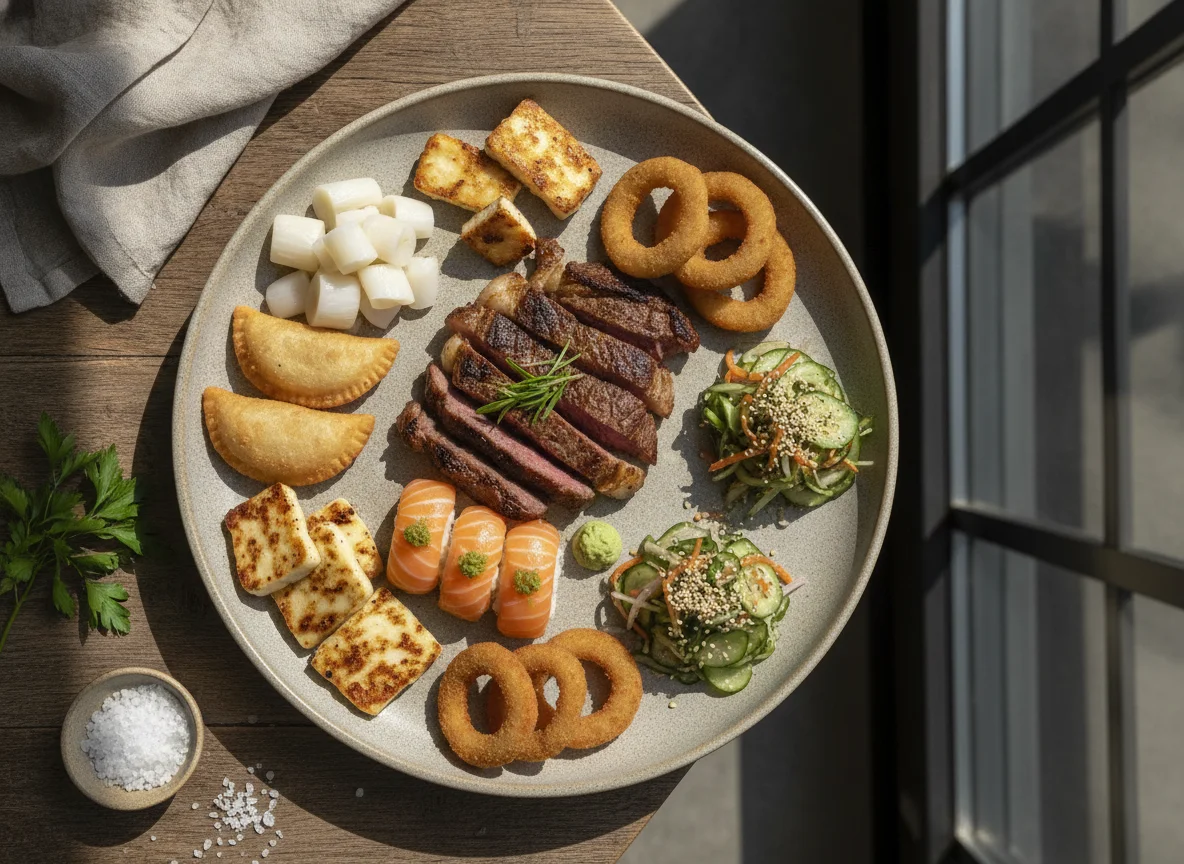 Prato variado com carne, sushi e acompanhamentos photo