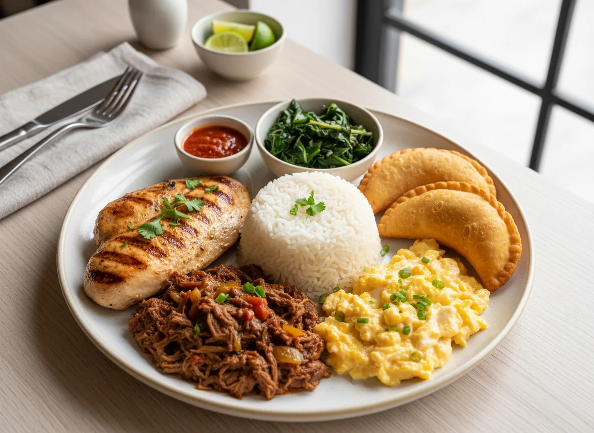 Prato variado com carnes, arroz e acompanhamentos photo