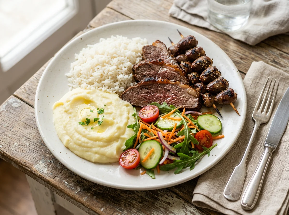 Prato variado com carnes, arroz e salada photo