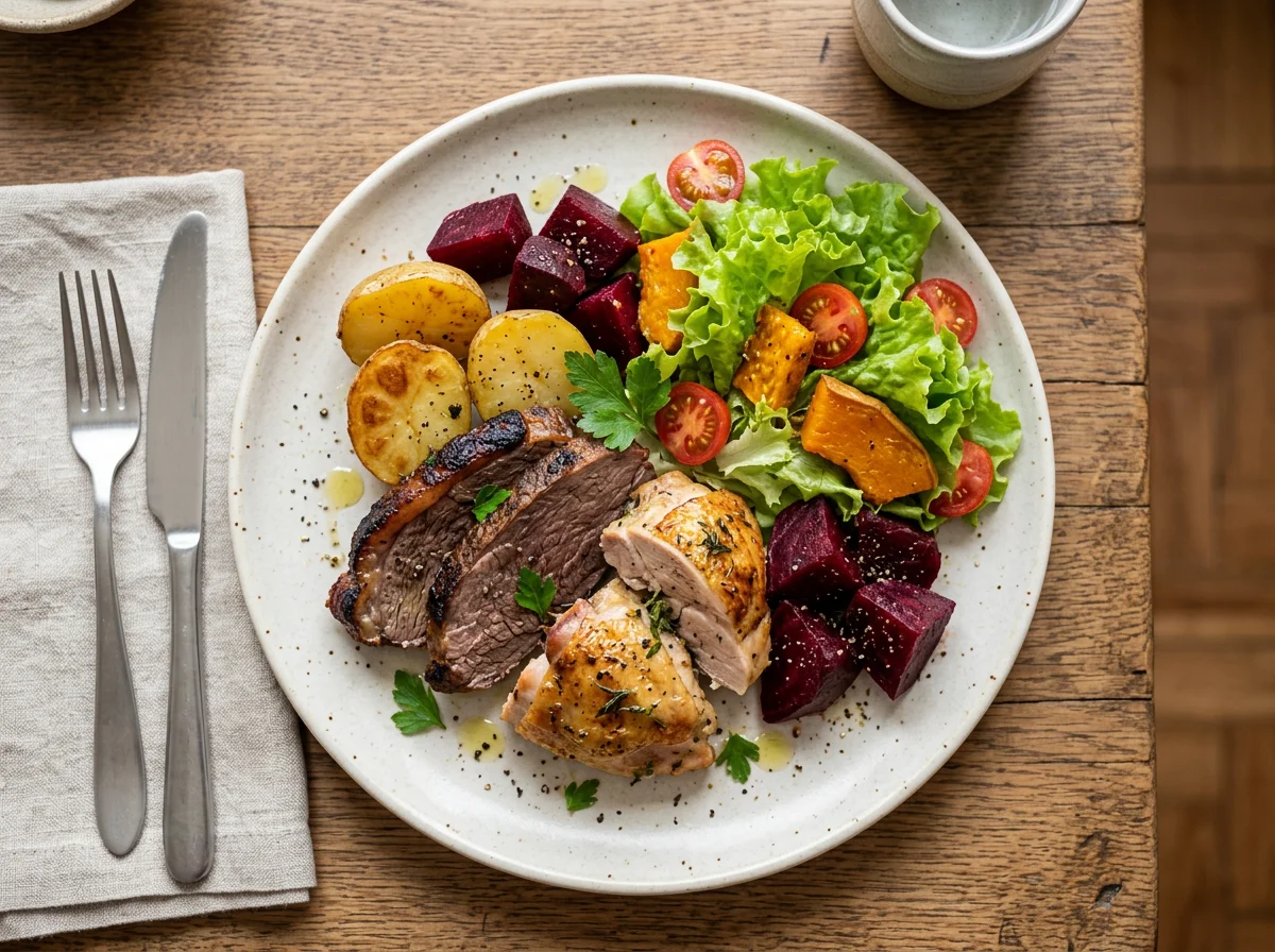 Prato variado com carnes e salada photo