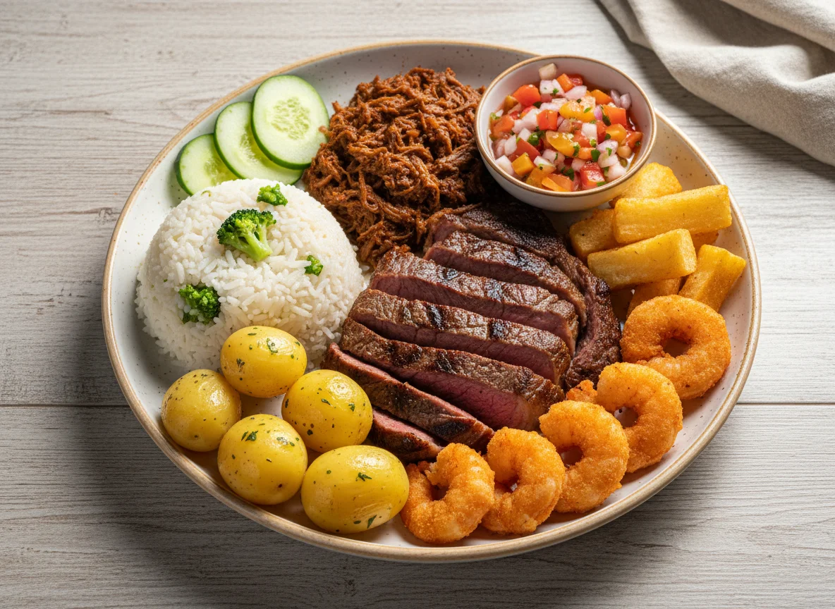 Prato variado com carnes, frutos do mar e acompanhamentos photo