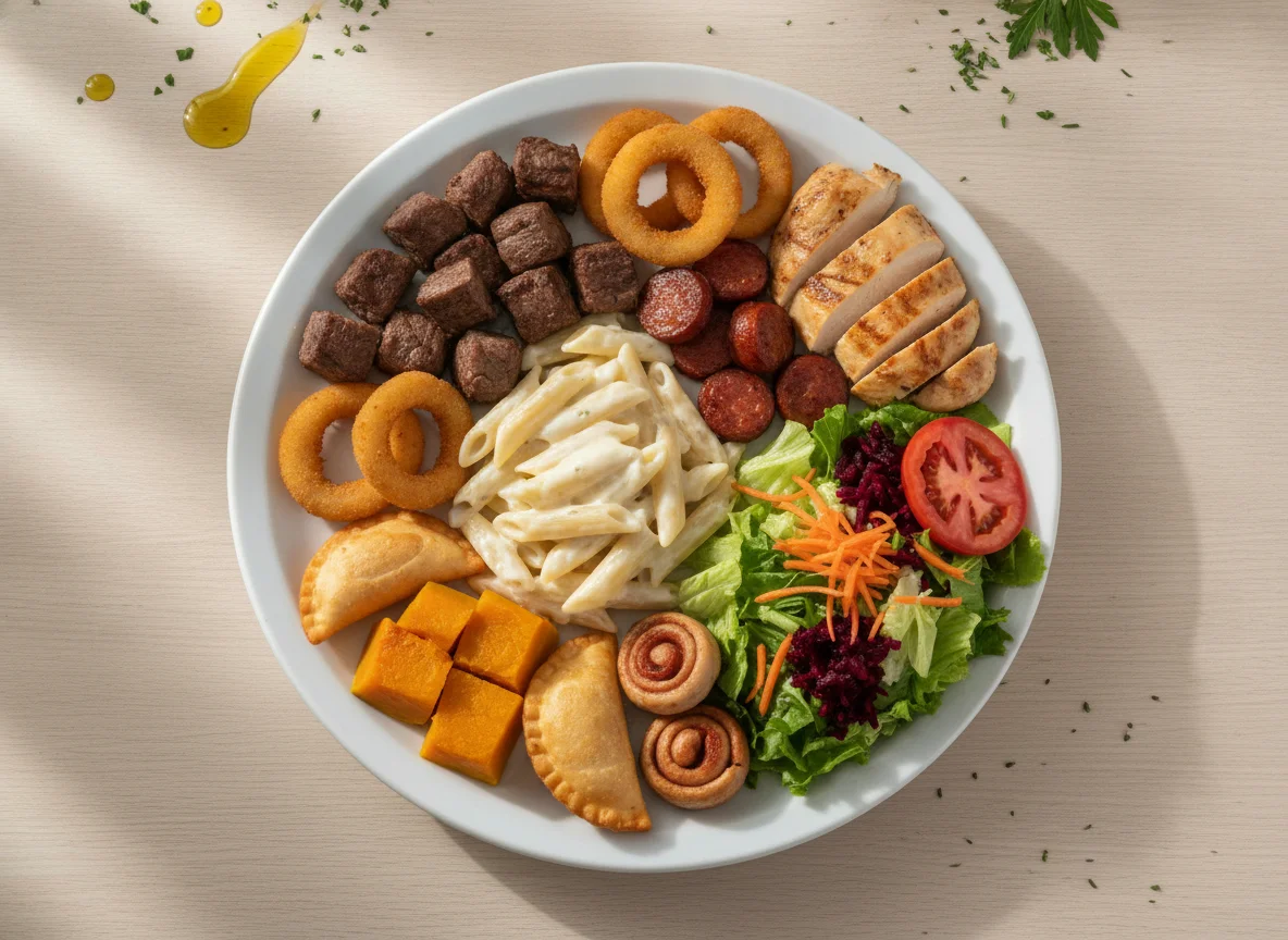 Prato variado com carnes, massas e vegetais photo