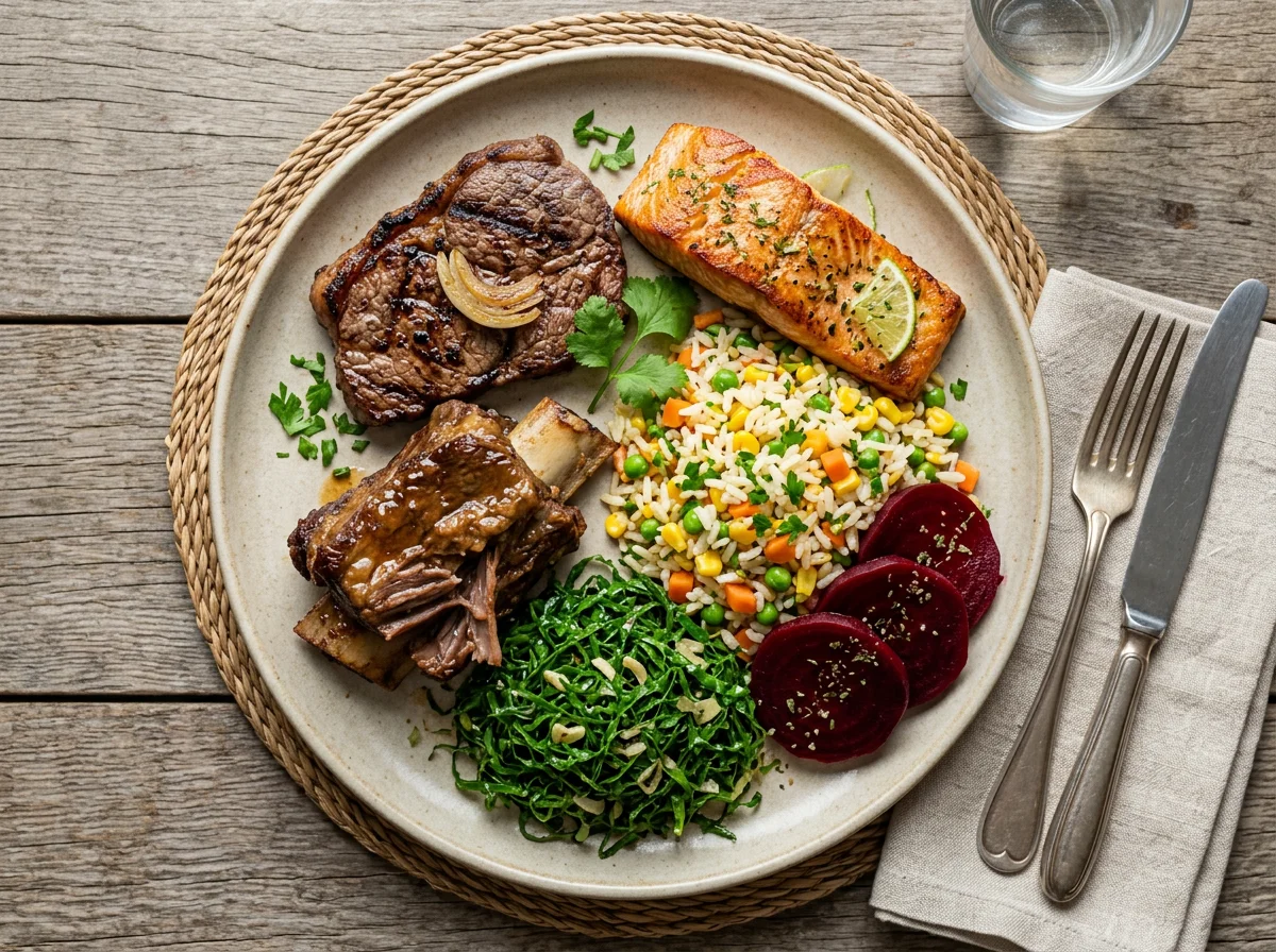 Prato variado com carnes, peixe e acompanhamentos photo