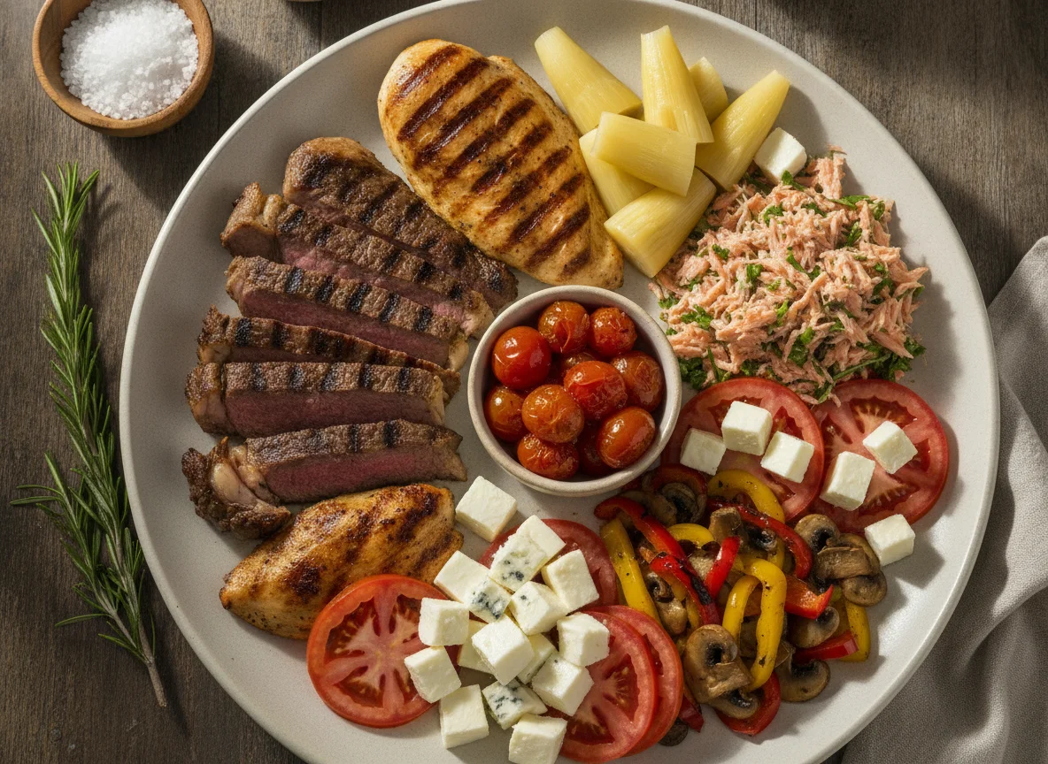 Prato variado com carnes, queijos e vegetais photo