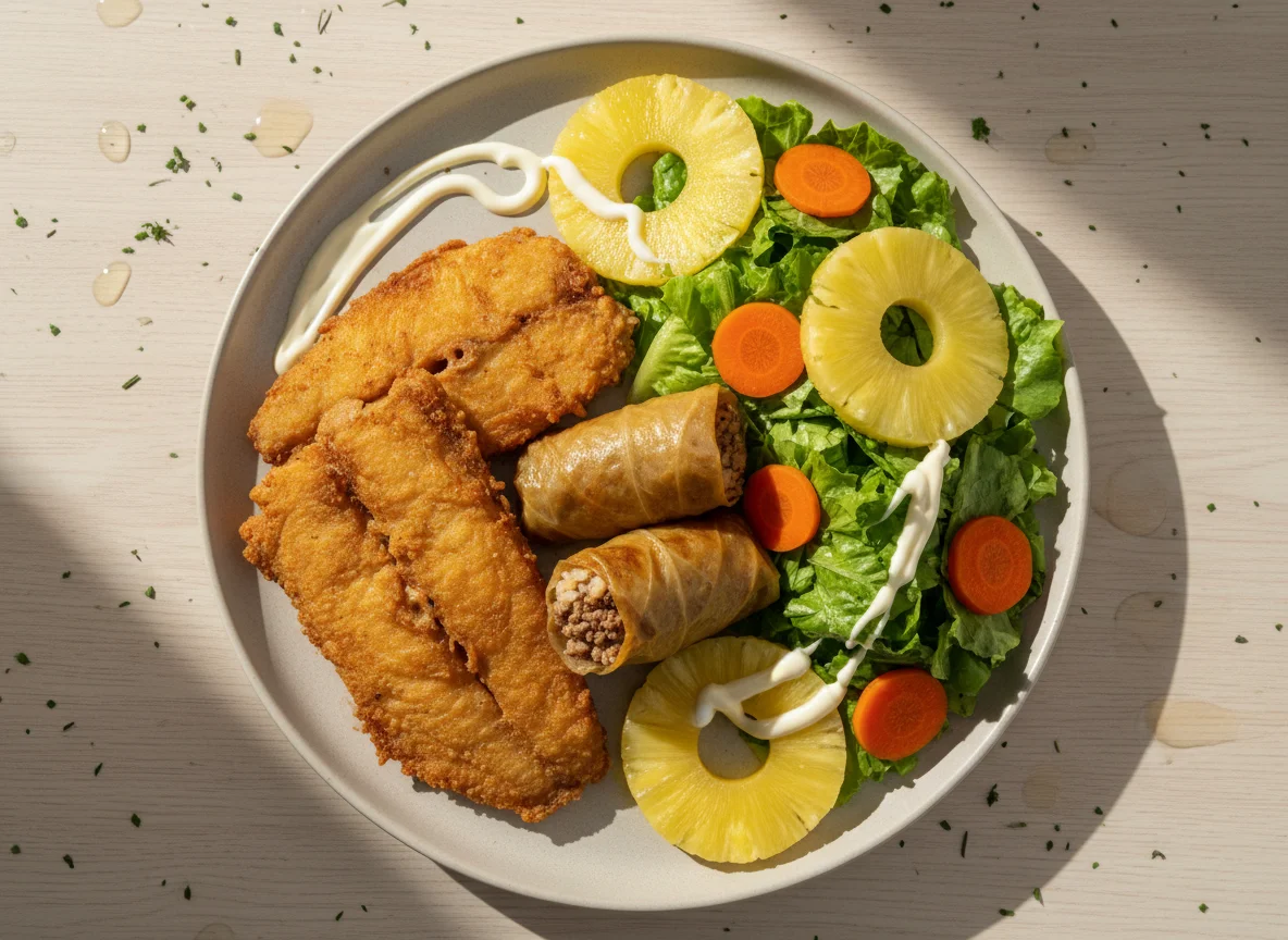 Prato variado com charuto de repolho, peixe frito e salada photo