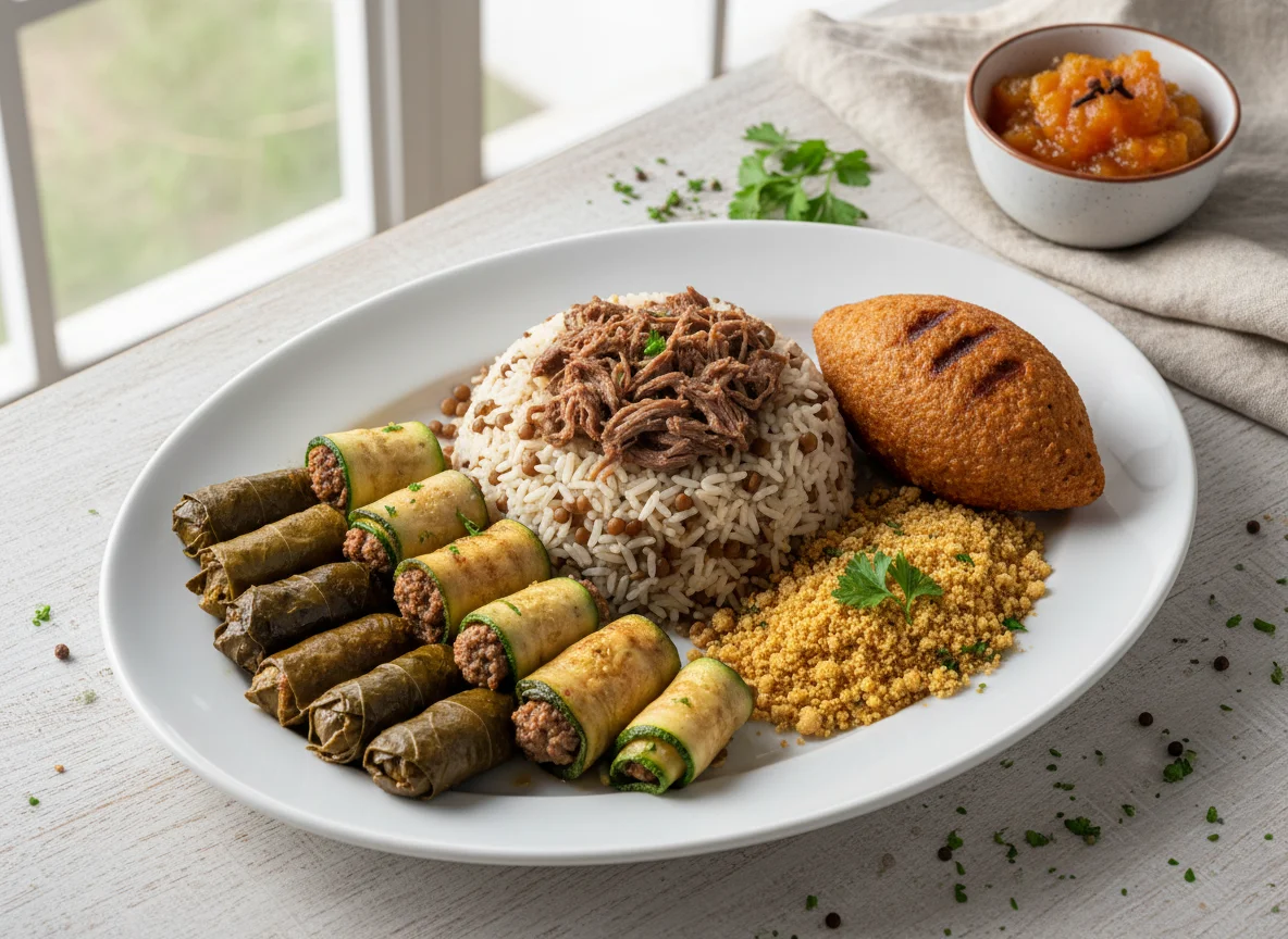 Prato variado com charutos, quibe e arroz photo