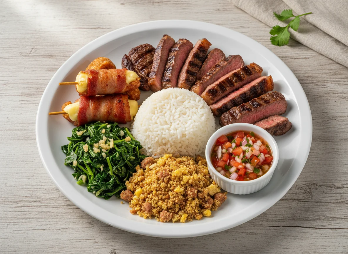 Prato variado com churrasco e acompanhamentos photo