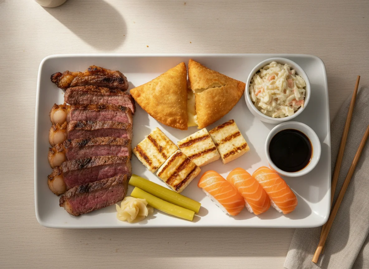 Prato Variado com Churrasco e Sushi photo