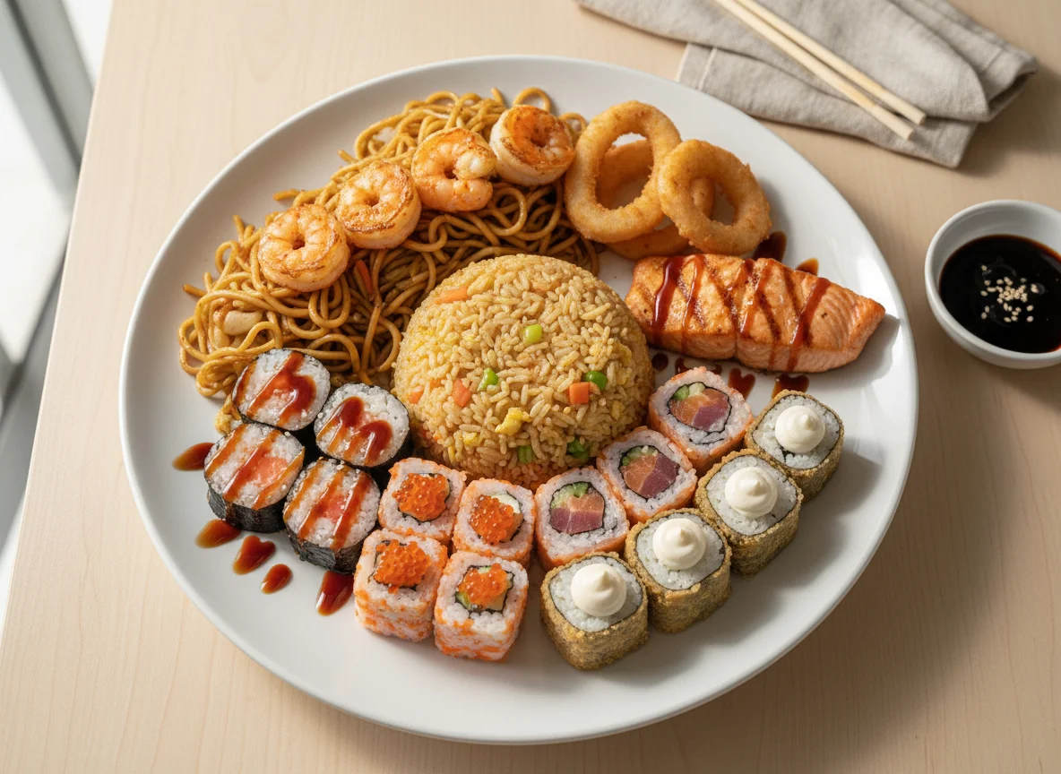 Prato variado com comida asiática e frutos do mar photo