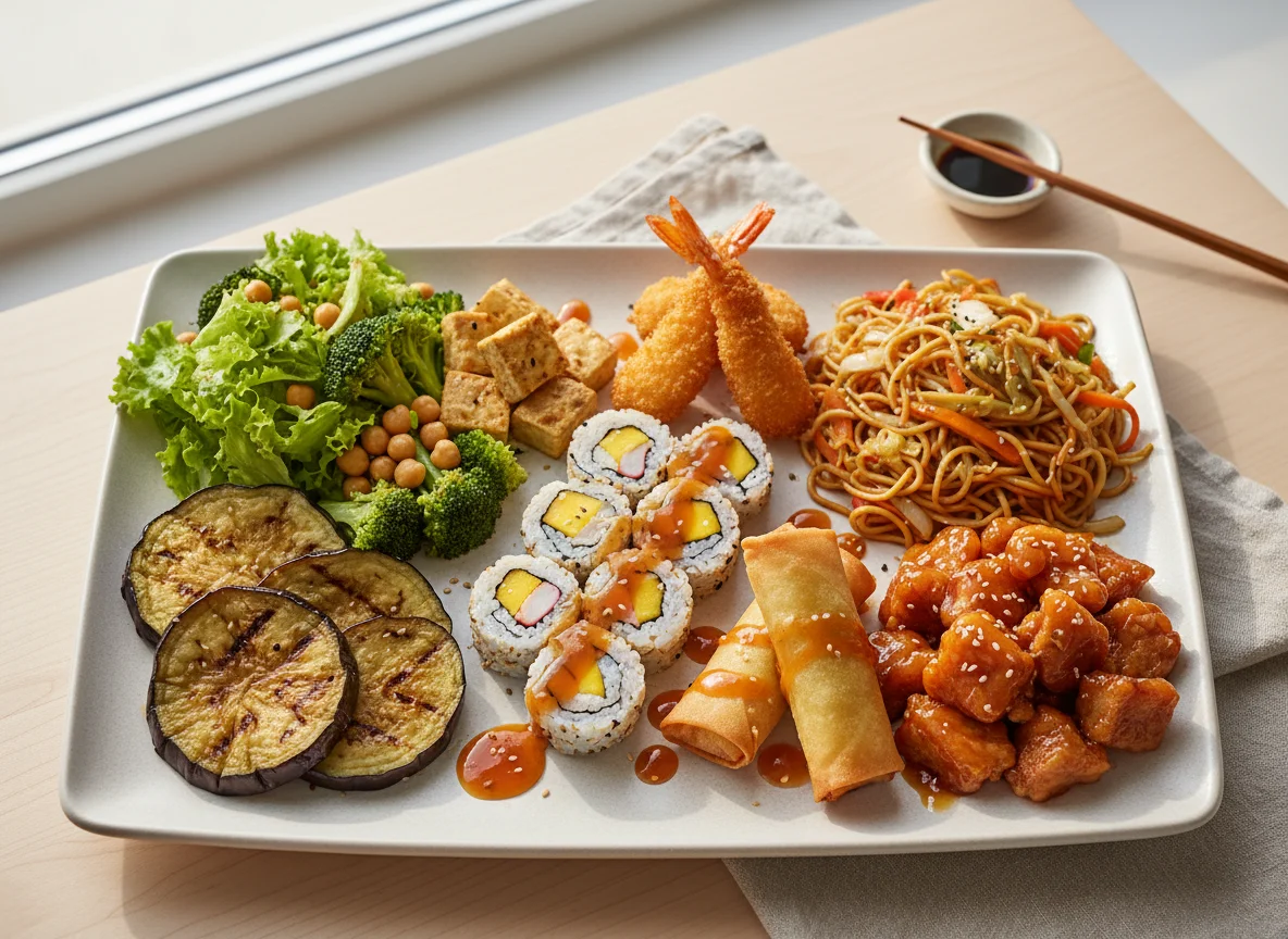 Prato variado com comida asiática e salada photo