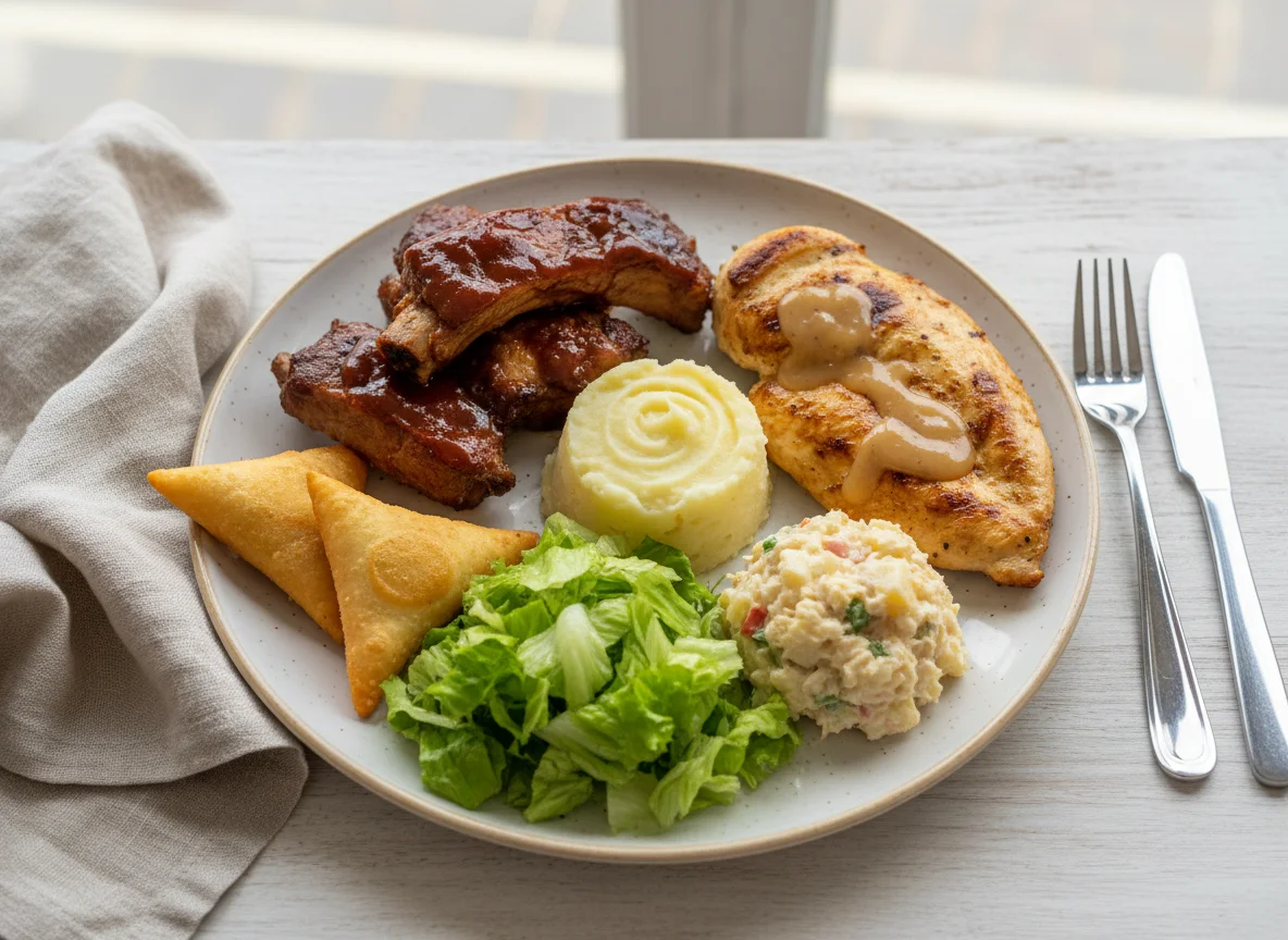 Prato variado com costela, frango, salada e purê photo