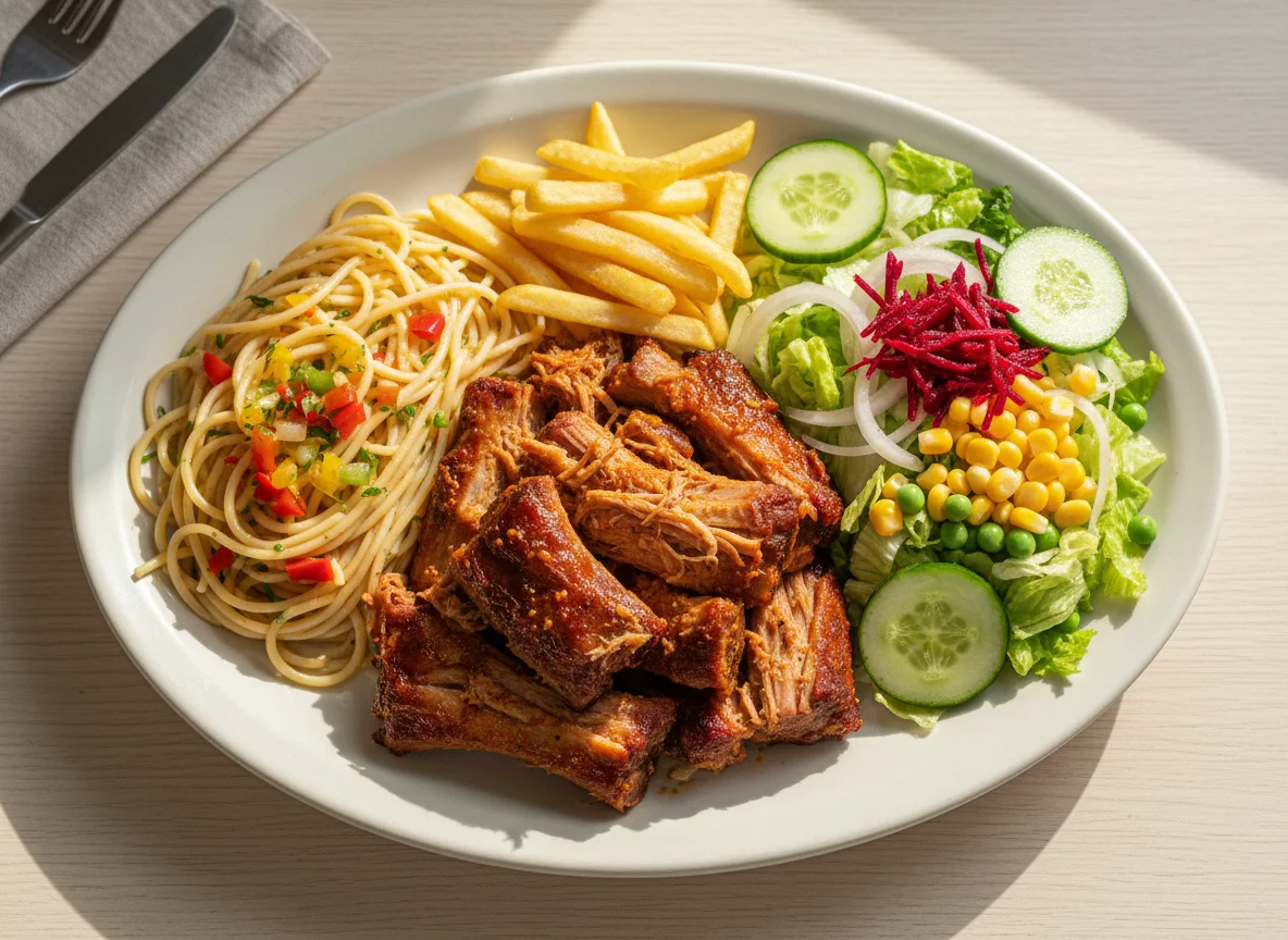 Prato variado com costela suína desfiada, massa e salada photo