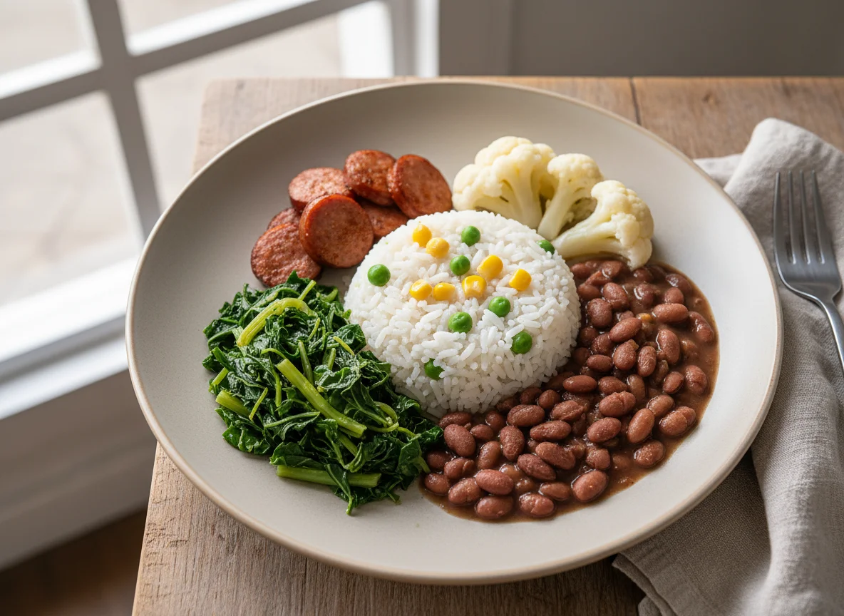 Prato variado com couve-flor, couve, linguiça e arroz com legumes photo