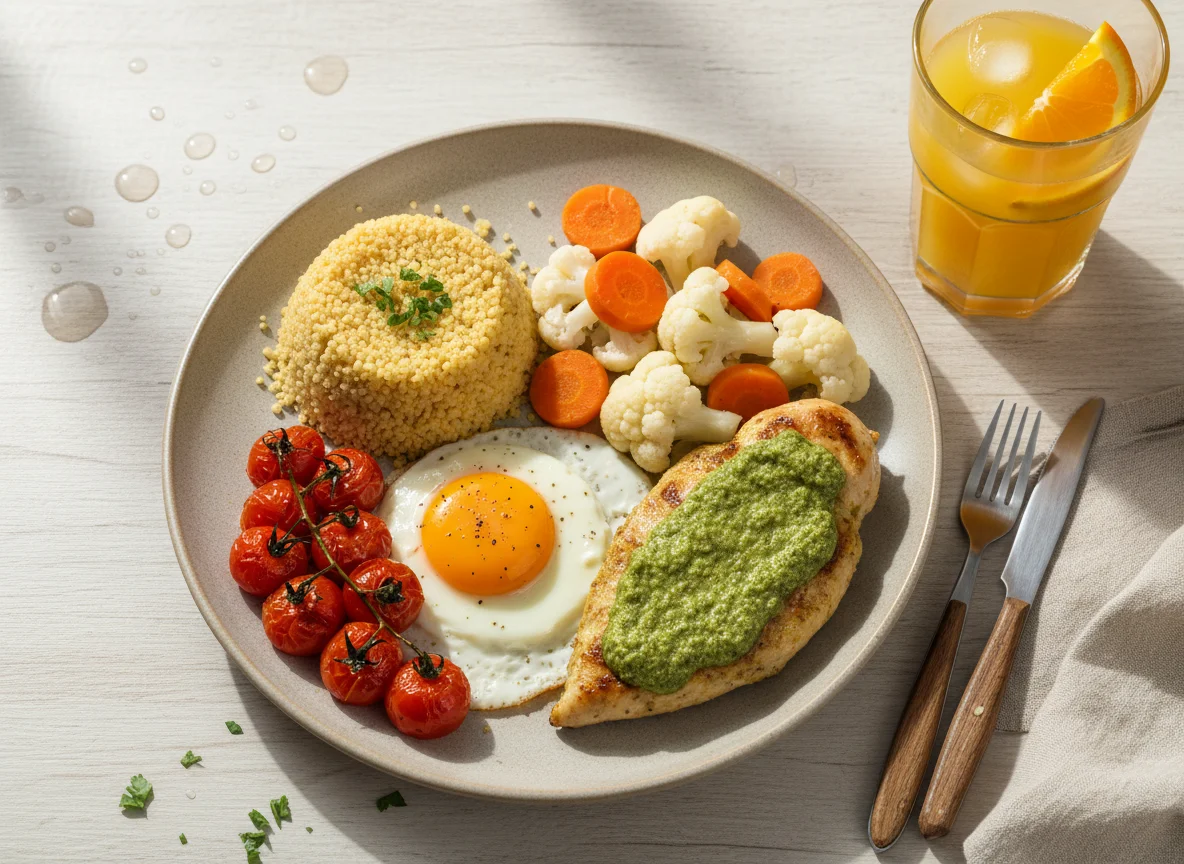 Prato variado com cuscuz e suco de laranja photo