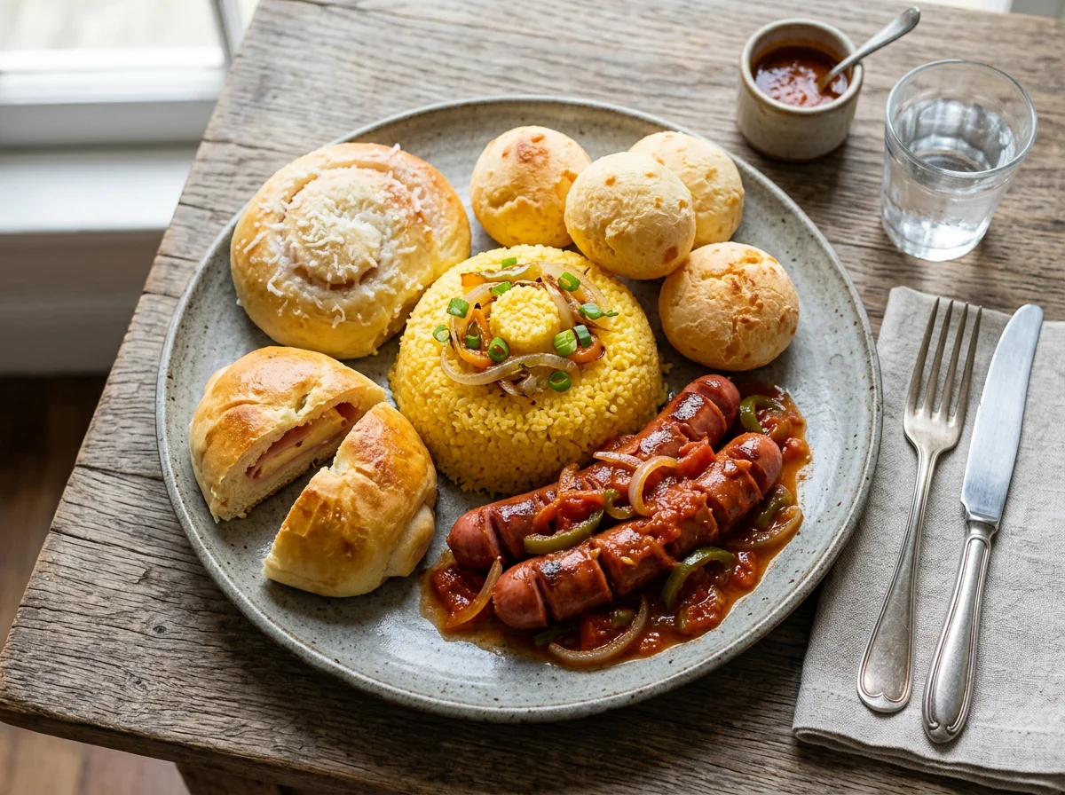 Prato variado com cuscuz, salsicha e pães photo