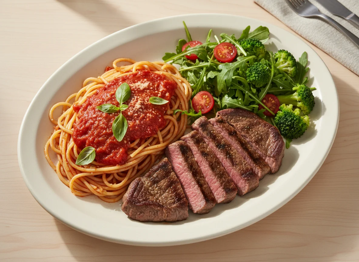 Prato variado com espaguete e carne photo