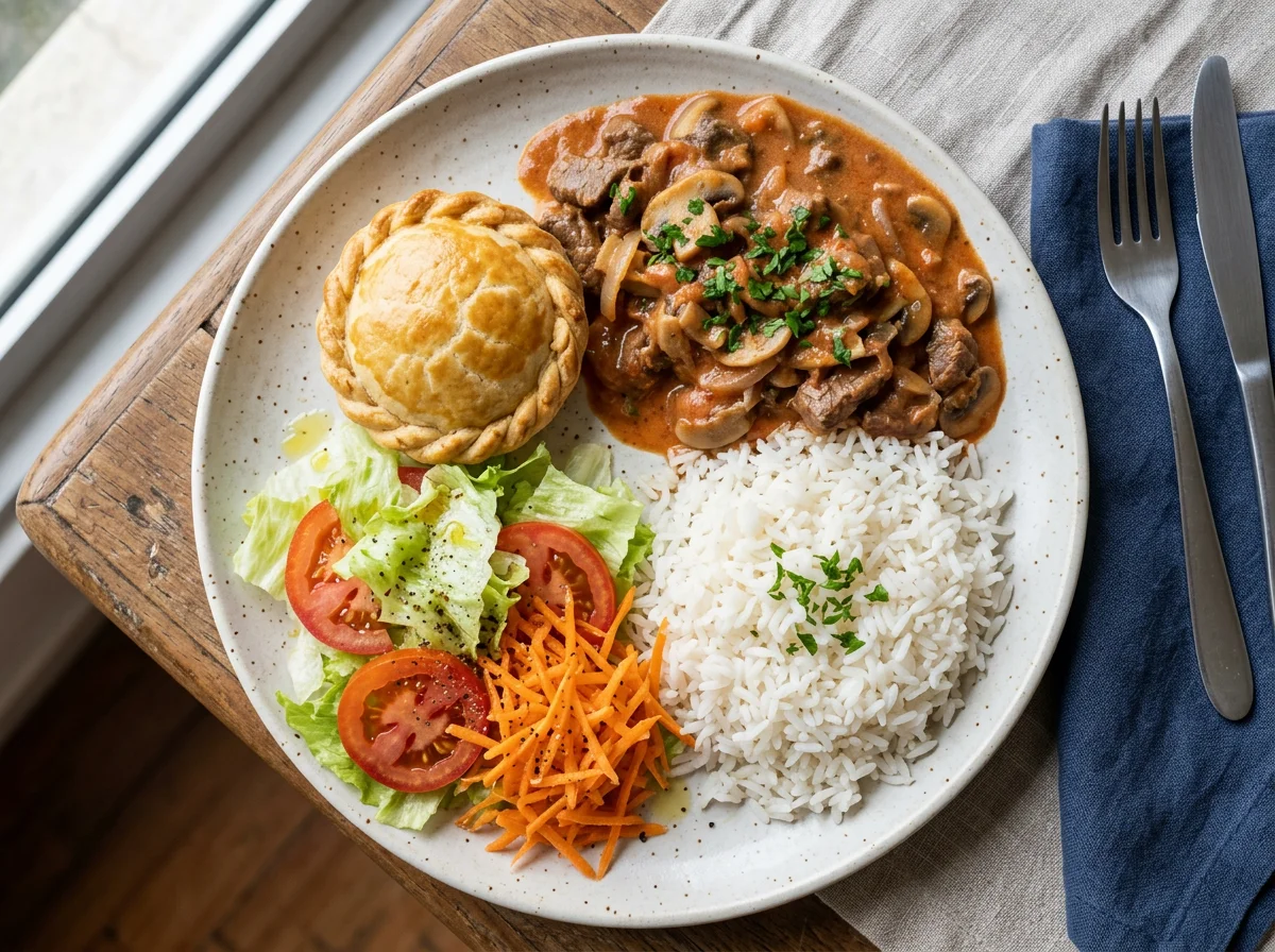 Prato variado com estrogonofe, arroz, salada e empada photo