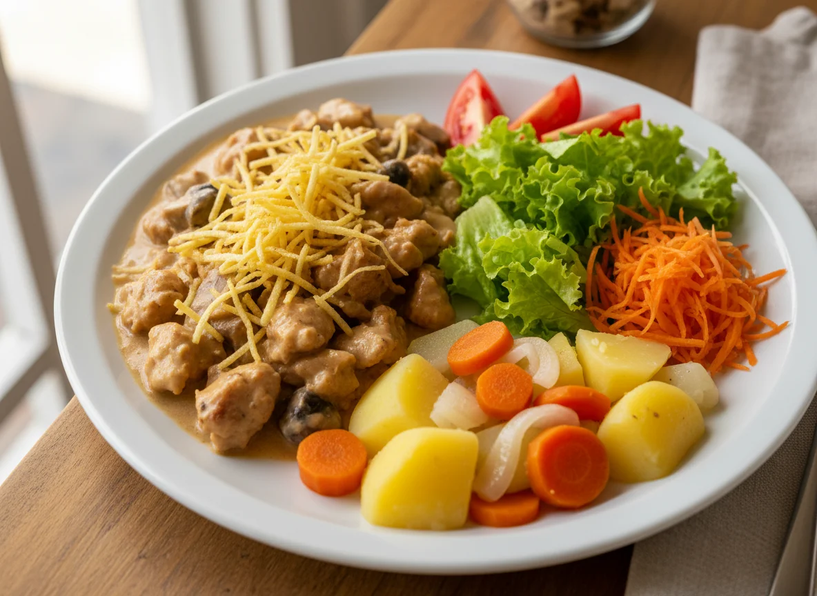 Prato variado com estrogonofe e legumes photo