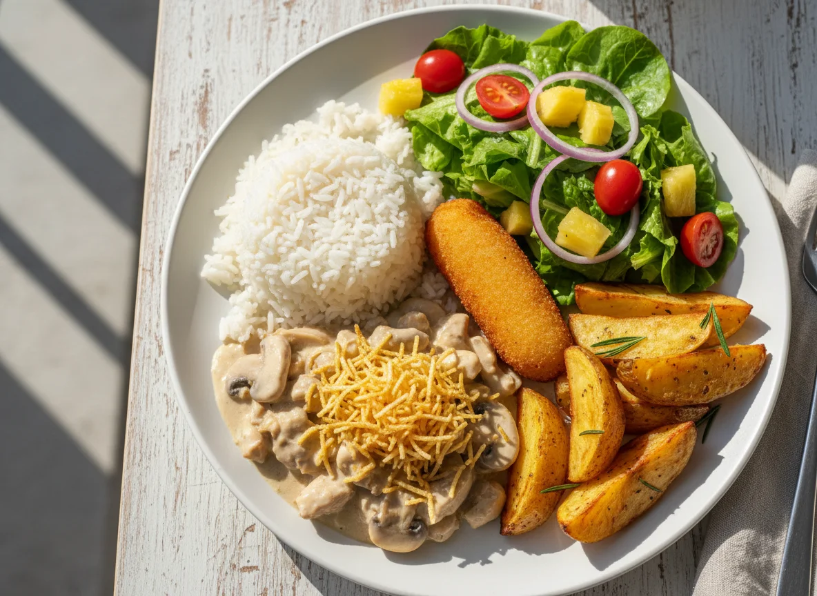 Prato variado com estrogonofe e salada photo