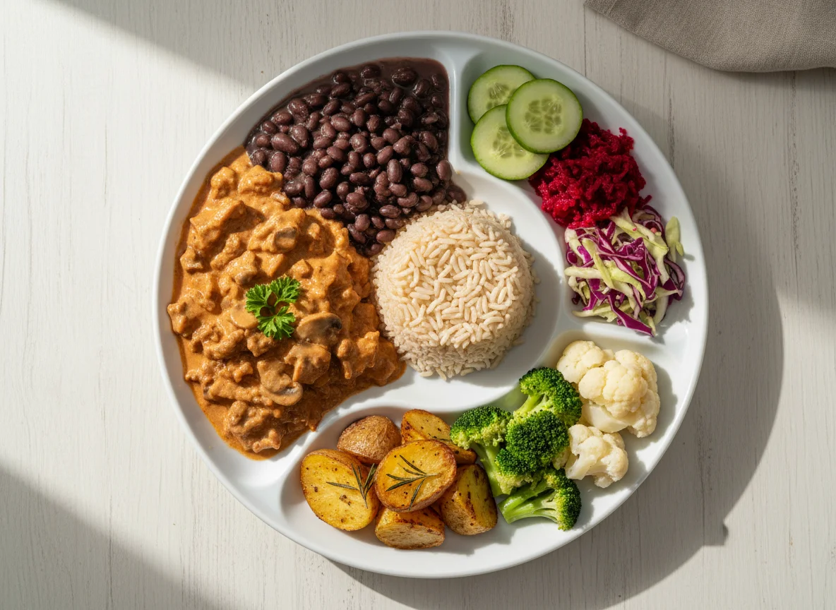 Prato variado com estrogonofe, legumes e arroz photo