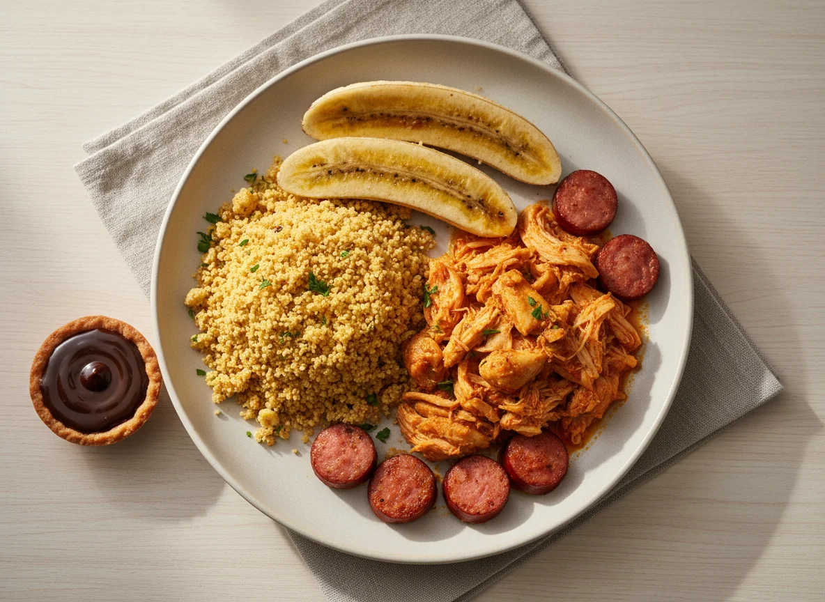 Prato variado com farofa, frango, linguiça e banana photo