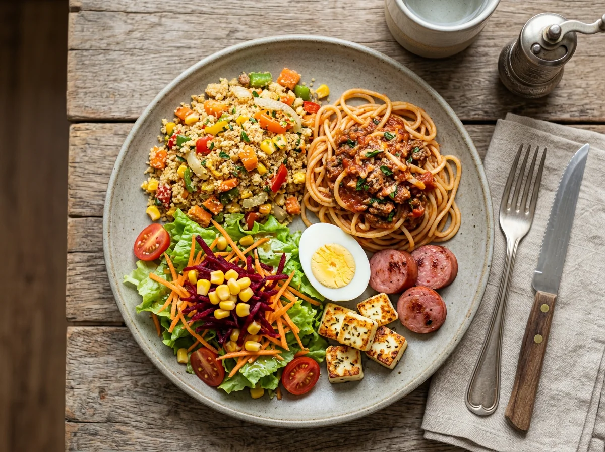 Prato variado com farofa, macarrão, salada e ovos photo