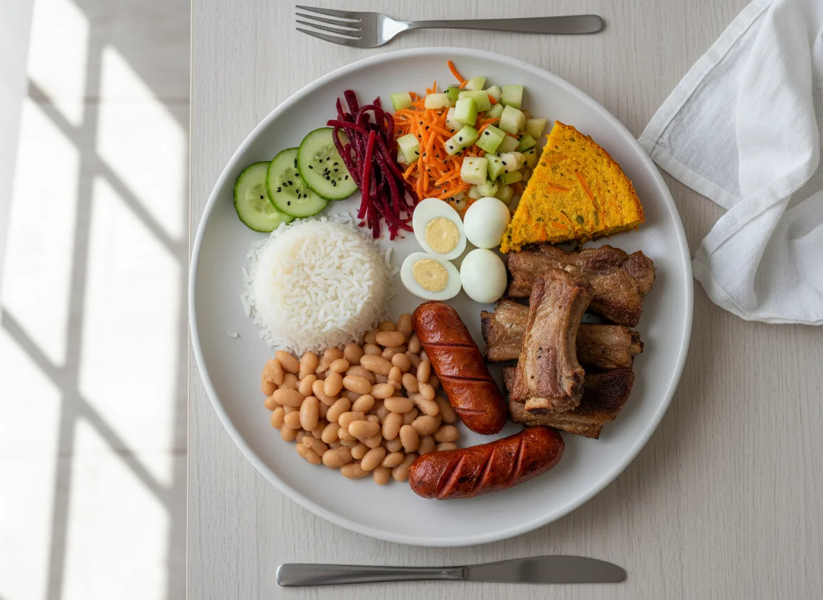 Prato variado com feijão, arroz e acompanhamentos photo